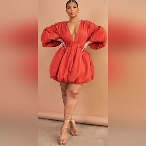 PLT Pretty Little Thing Plus Rust Puff Sleeve Puffball Dress size 24W 3X